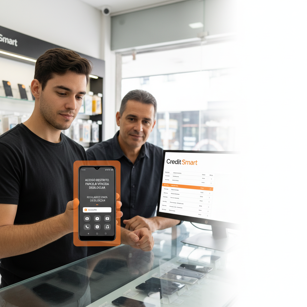 Lojista apresenta as condições do crediário próprio para um cliente em uma loja de smartphones