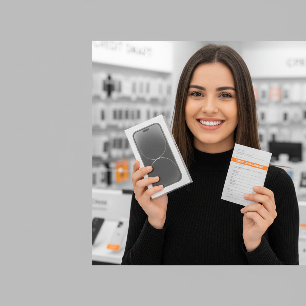 Cliente feliz comprando um iPhone na loja e assinando os papeis do crediário