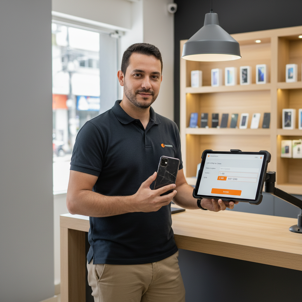 Lojista em Fortaleza registra a nota fiscal de entrada de um celular usado entregue pelo cliente.