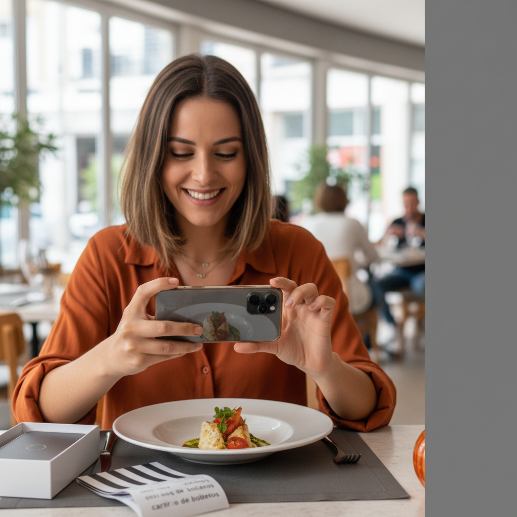 Mulher jovem sorrindo e tirando foto com um smartphone moderno durante o dia.