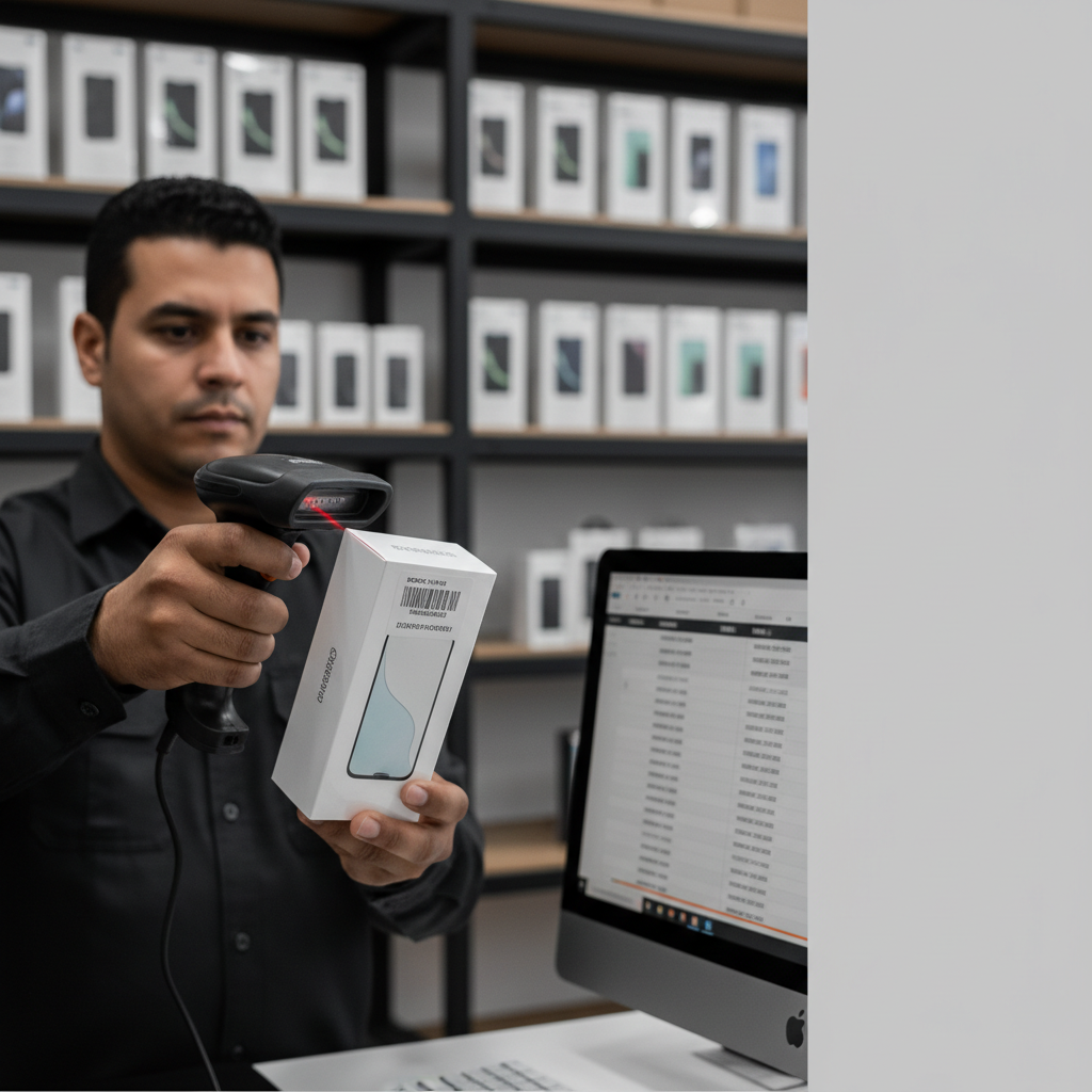 Estoquista confere caixas de celulares novos usando um leitor de código de barras a laser.