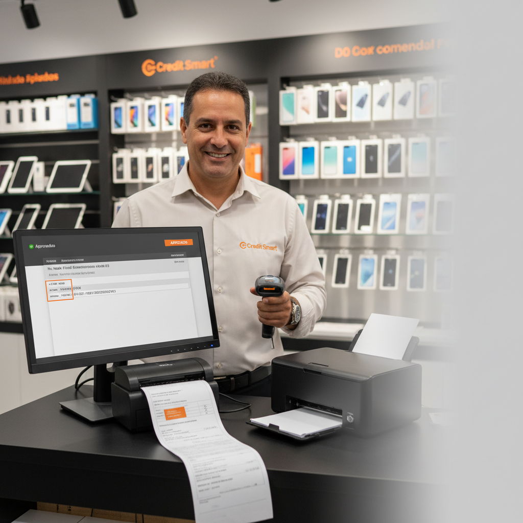 Lojista utilizando leitor de código de barras na caixa de um smartphone para emitir nota fiscal no balcão da loja.