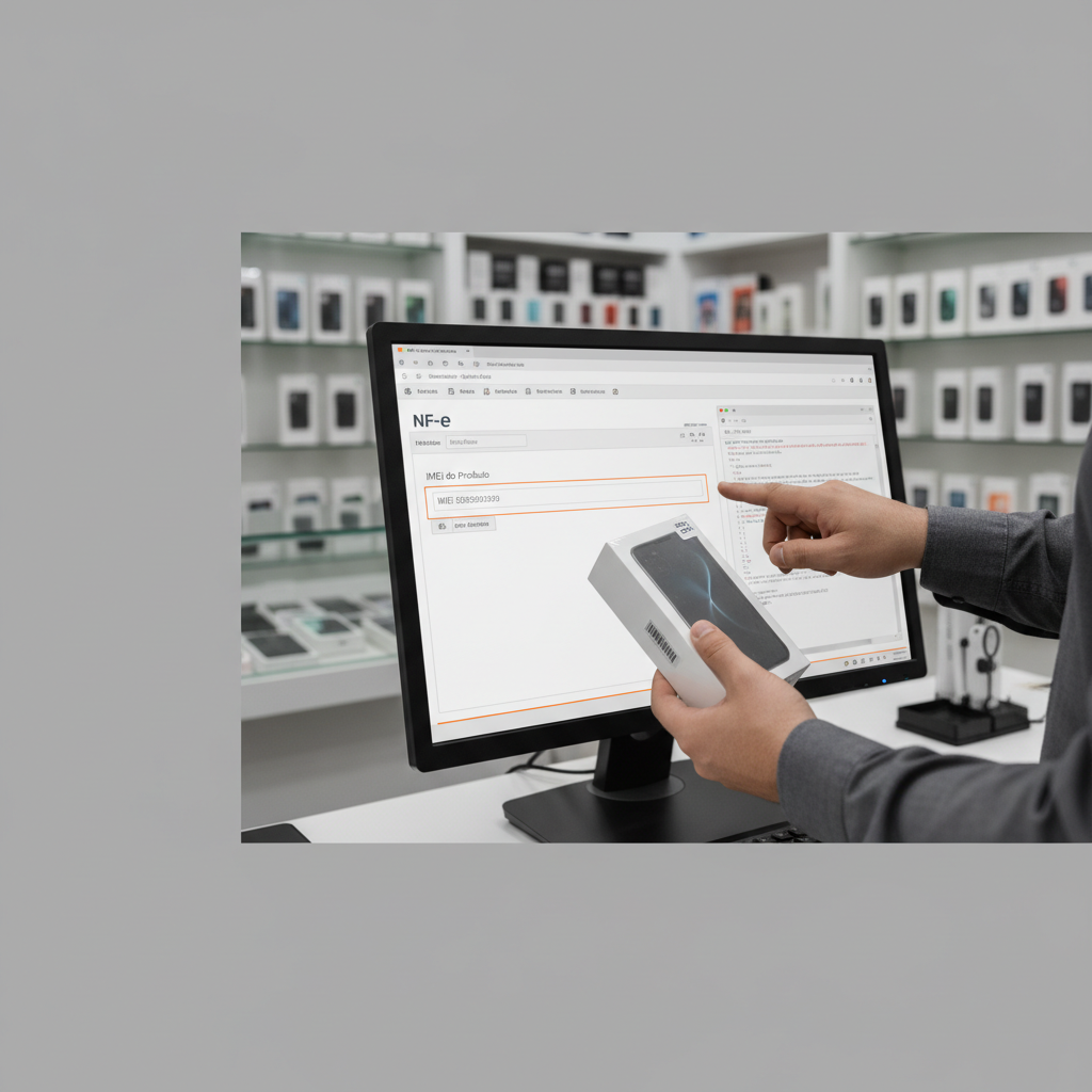 Lojista analisa os dados fiscais de um smartphone no computador da loja