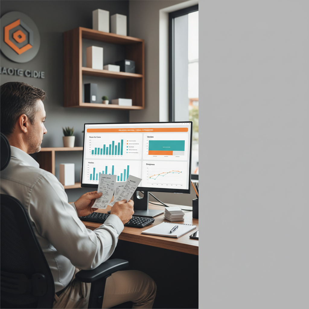 Lojista confere cupons fiscais e relatórios no monitor do computador.