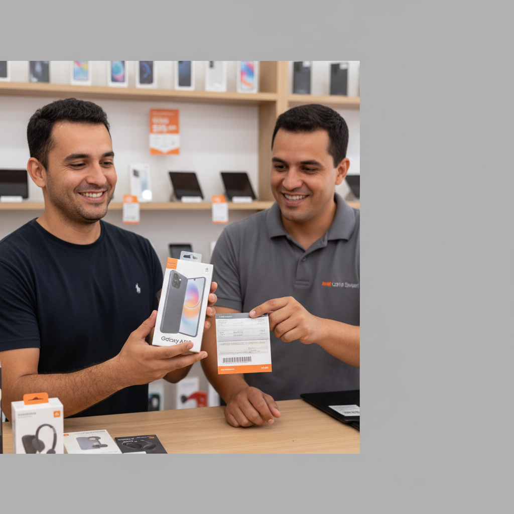 Cliente feliz comprando celular novo no crediário da loja física