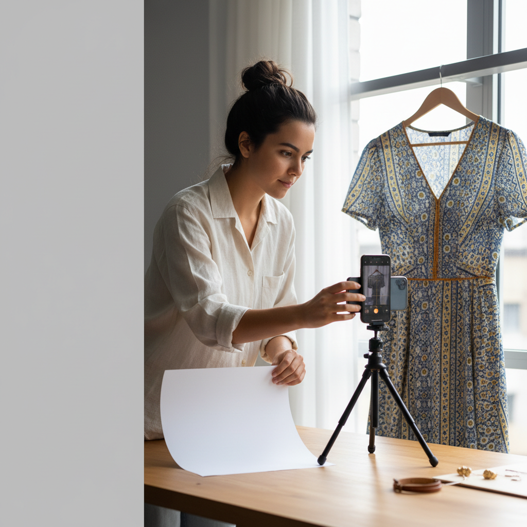 Pessoa segurando um smartphone e fotografando produtos para venda no Instagram com foco na lente do aparelho.