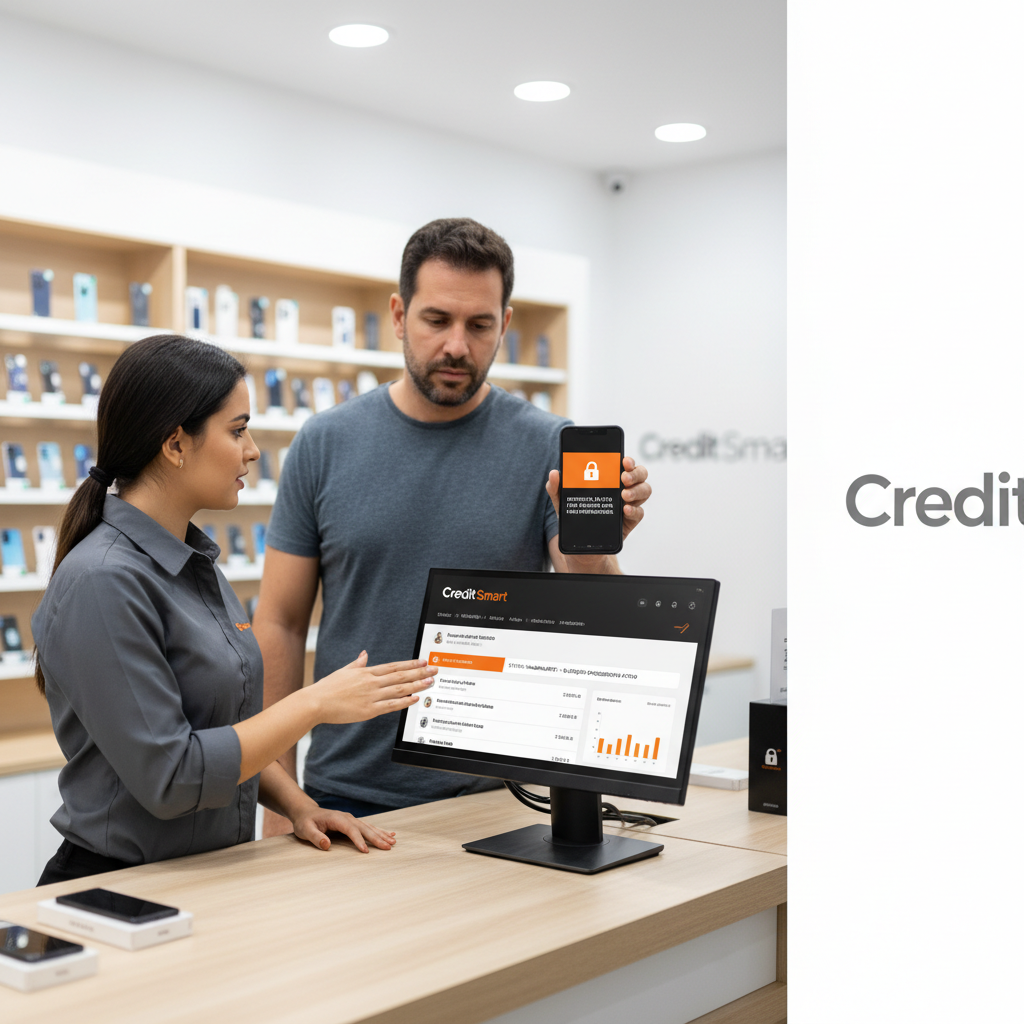 Lojista apresenta as condições do crediário próprio para um cliente em uma loja de smartphones