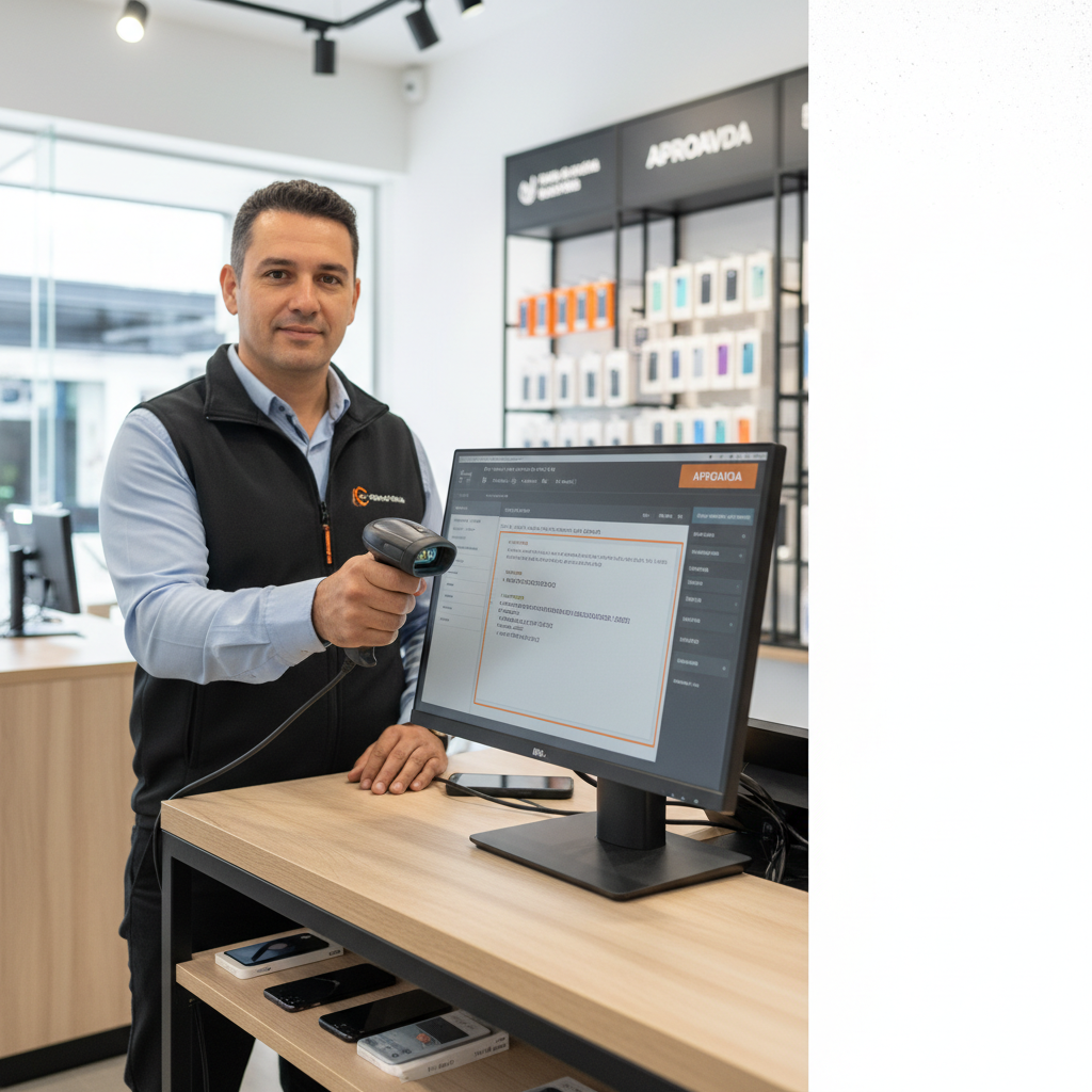 Lojista utilizando leitor de código de barras na caixa de um smartphone para emitir nota fiscal no balcão da loja.