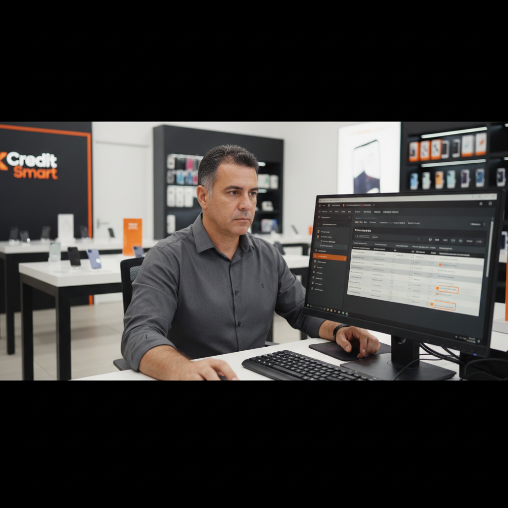 Gerente de loja de celular ajustando as permissões de acesso no computador do escritório