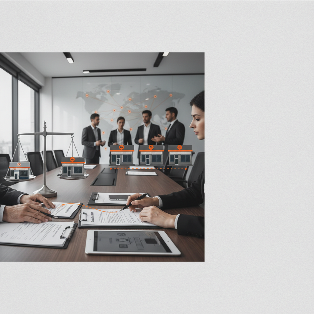 Dois executivos analisando papéis de contrato de franquia sobre uma mesa iluminada.