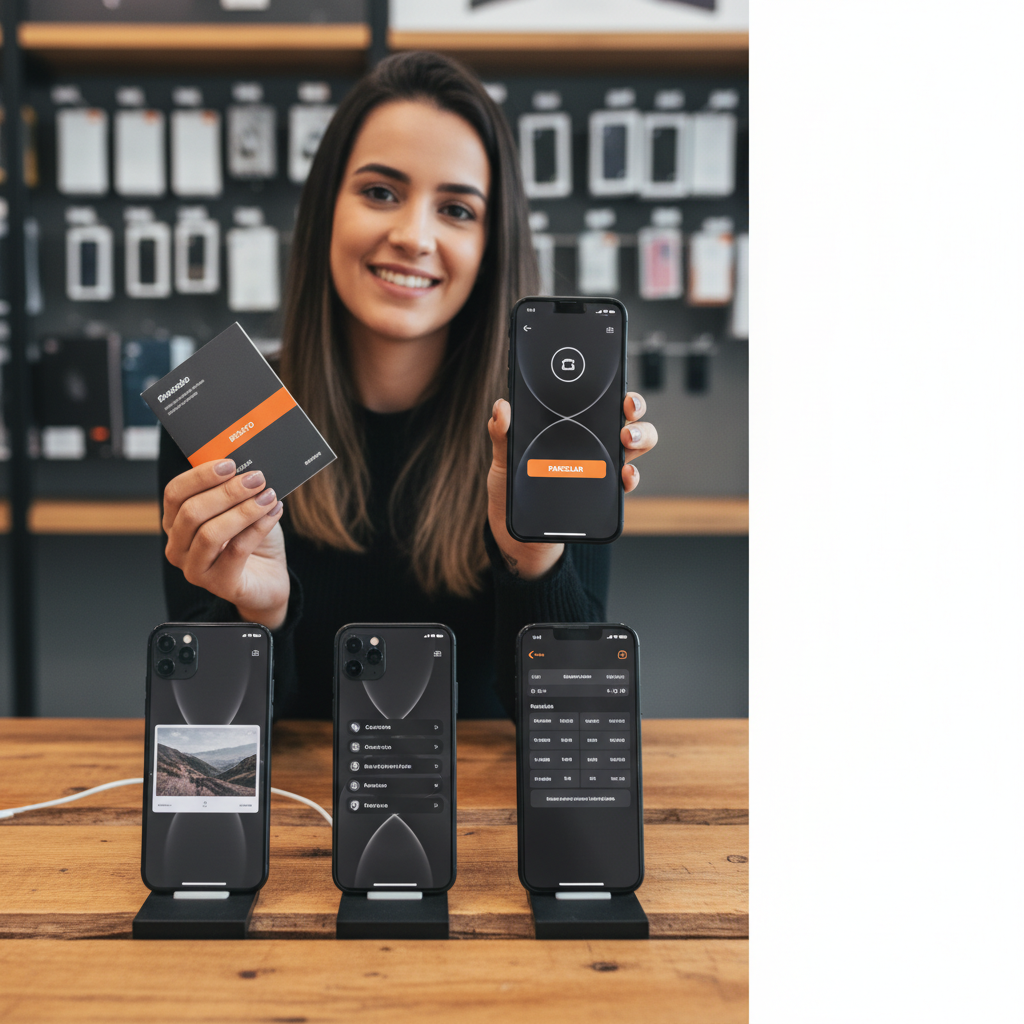 Cliente feliz comprando um iPhone na loja de celulares com carnê de pagamento