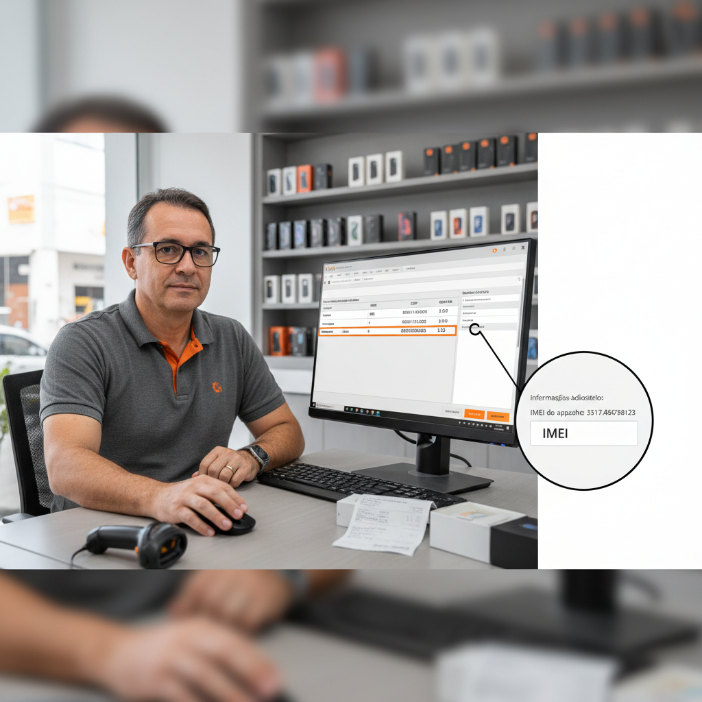 Lojista conferindo a nota fiscal eletrônica no computador da loja de celulares