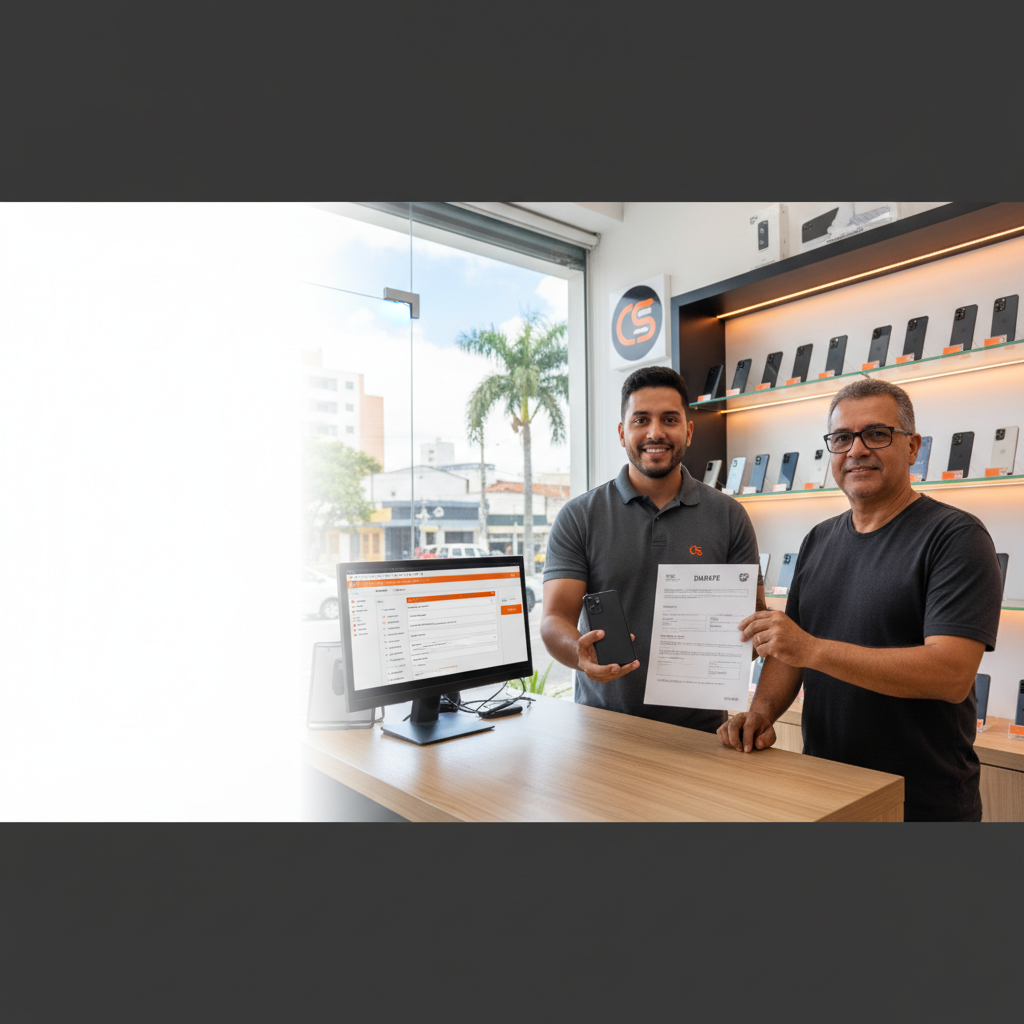 Lojista em Fortaleza registra a nota fiscal de entrada de um celular usado entregue pelo cliente.