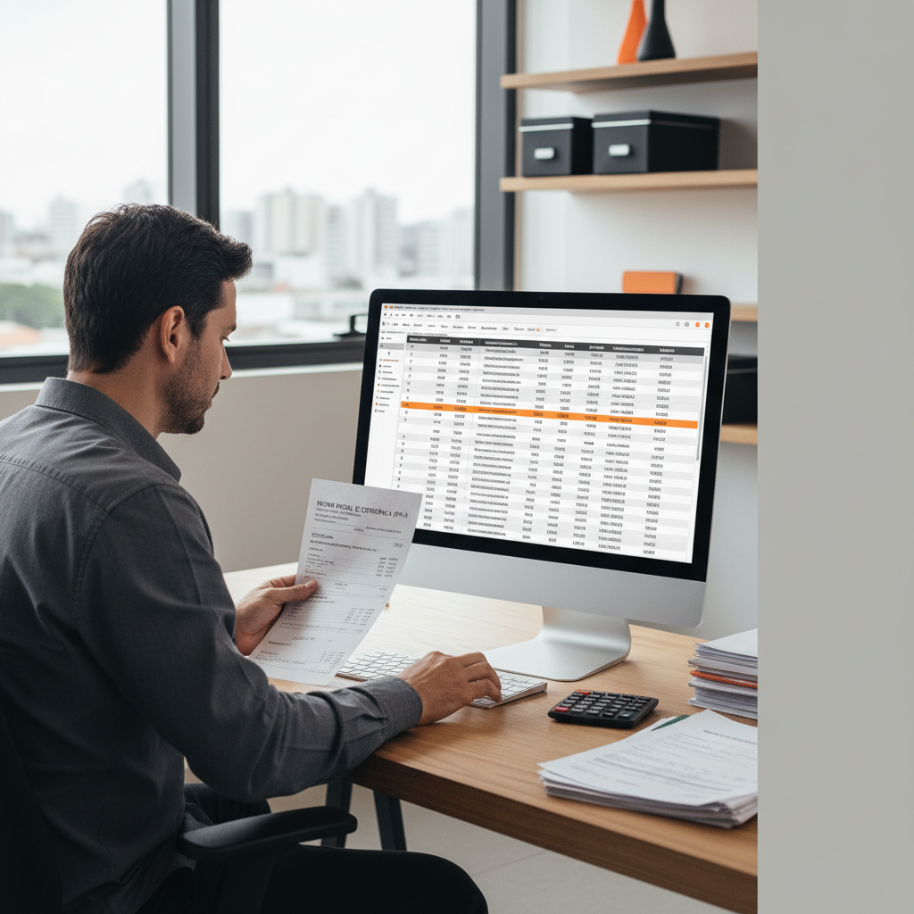 Lojista analisa impostos em uma mesa com notebook e smartphone.
