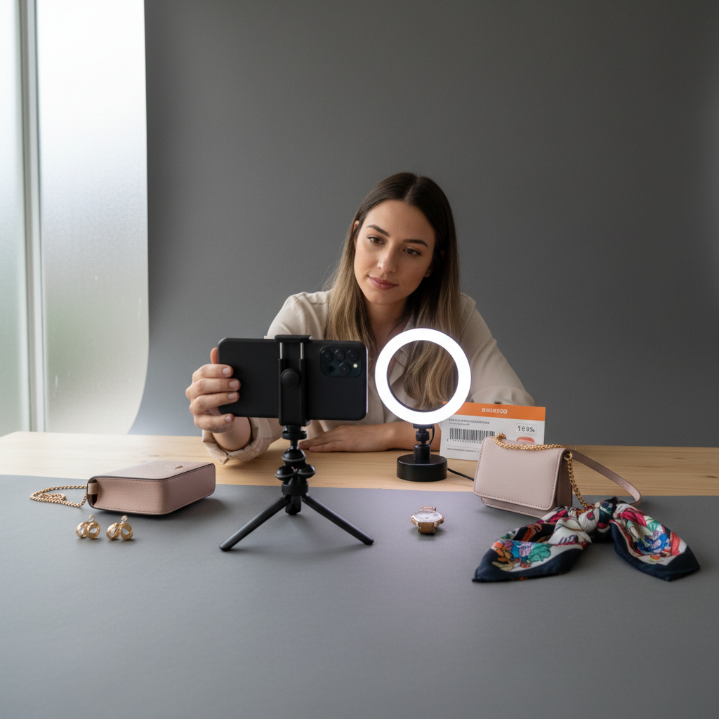 Pessoa segurando um smartphone e fotografando produtos para venda no Instagram com foco na lente do aparelho.