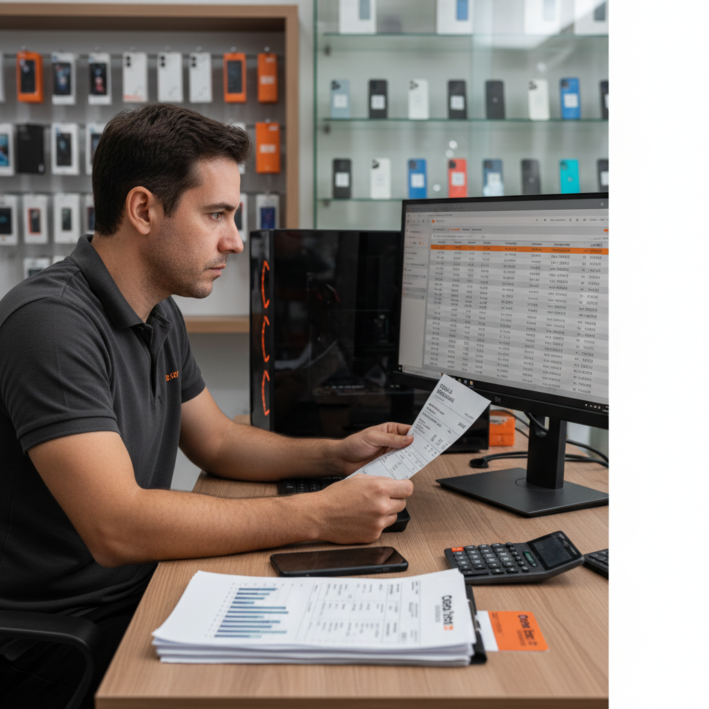 Lojista analisa impostos em uma mesa com notebook e smartphone.