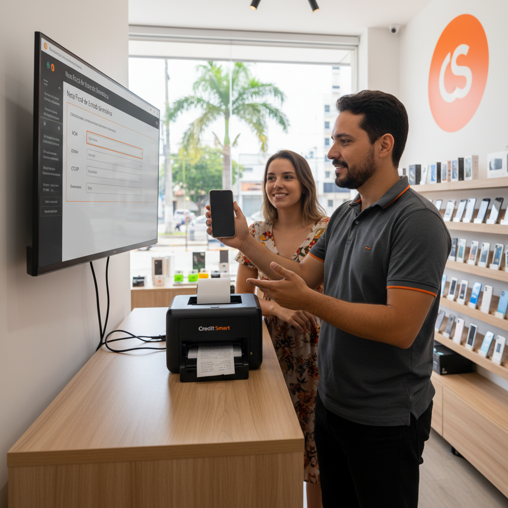 Lojista em Fortaleza registra a nota fiscal de entrada de um celular usado entregue pelo cliente.