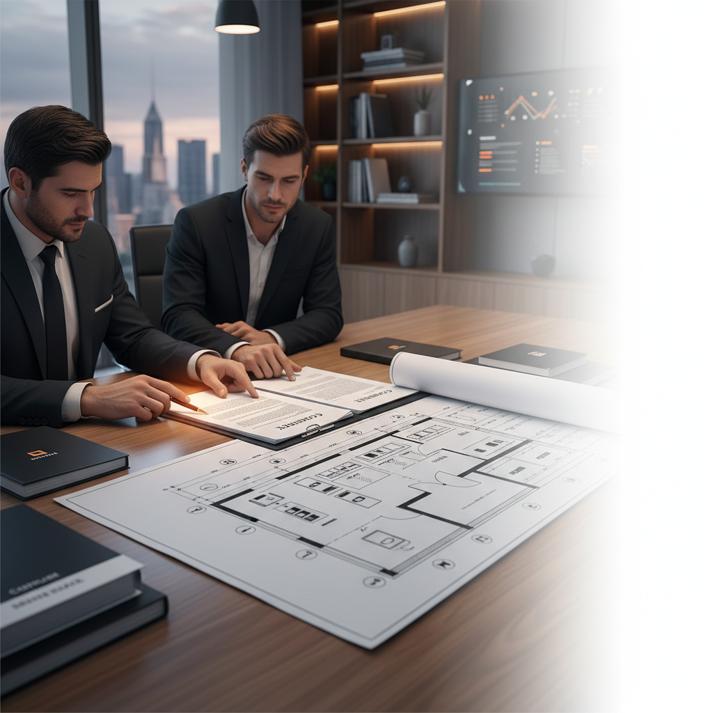 Dois executivos analisando papéis de contrato de franquia sobre uma mesa iluminada.