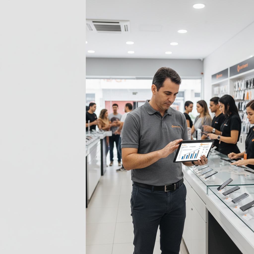 Gerente de loja de celulares analisa relatórios diários em um tablet no salão de vendas.