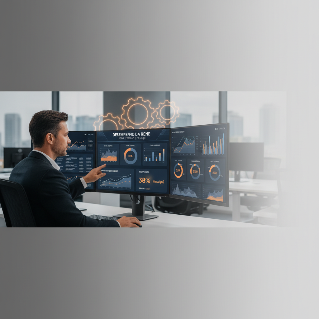 Gestor analisa indicadores de desempenho de uma rede de lojas de celular em um monitor