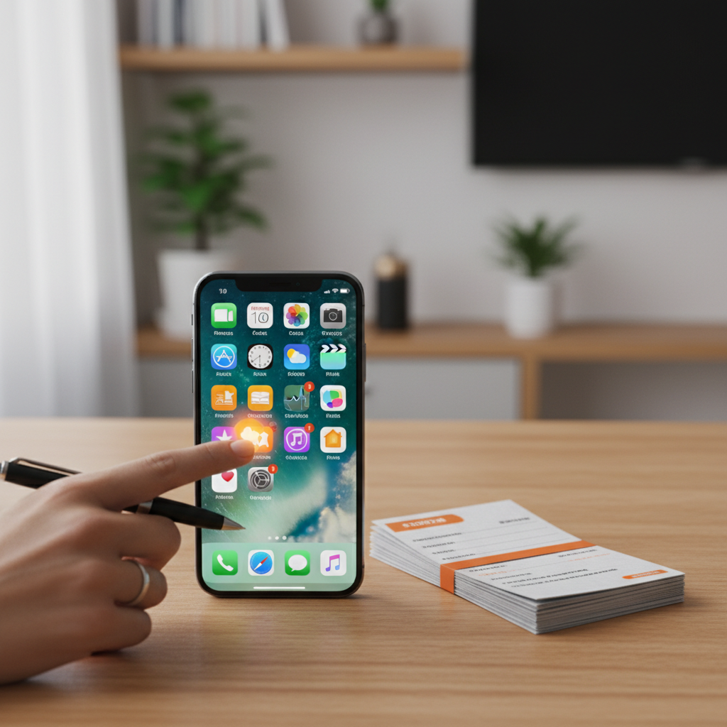 iPhone novo com tela ligada repousando sobre uma mesa de madeira ao lado de um carnê de parcelas