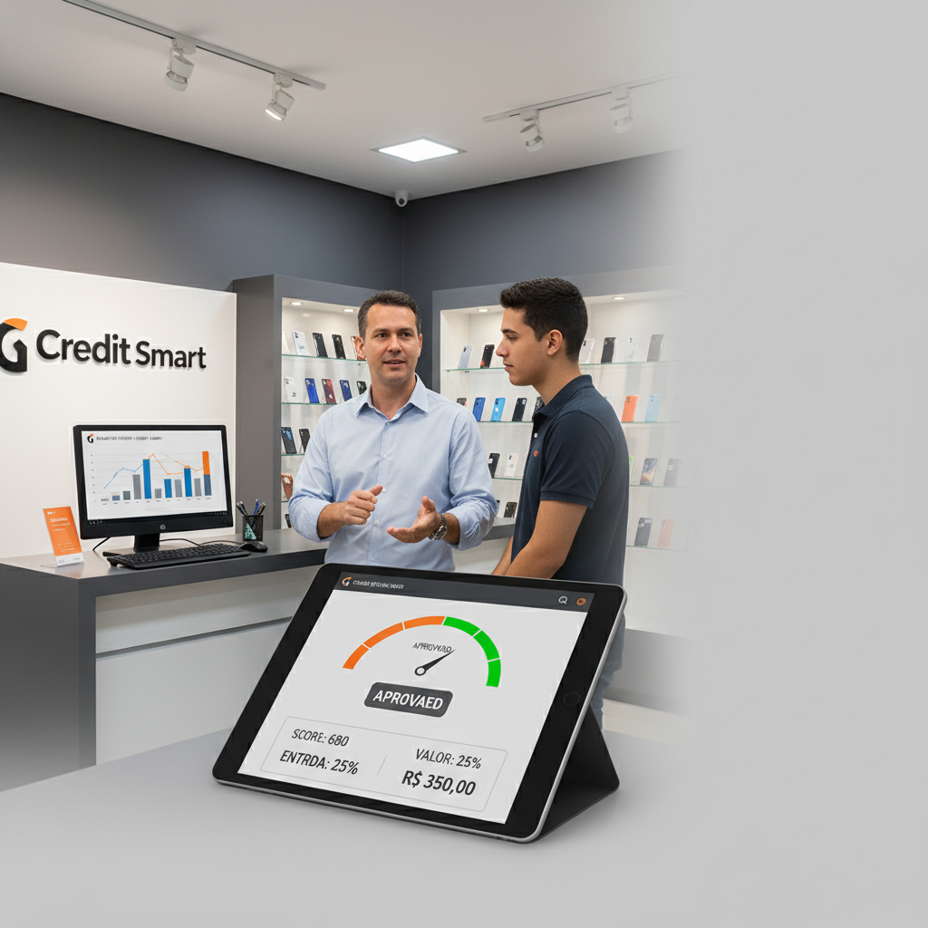Lojista apresenta as condições do crediário e o valor da entrada para cliente no balcão da loja de celulares