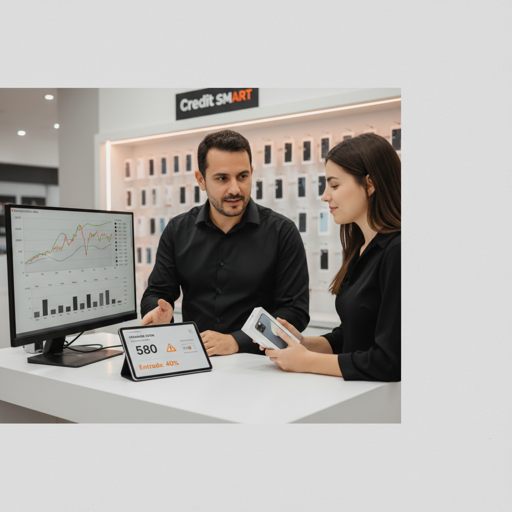 Lojista apresenta as condições do crediário e o valor da entrada para cliente no balcão da loja de celulares