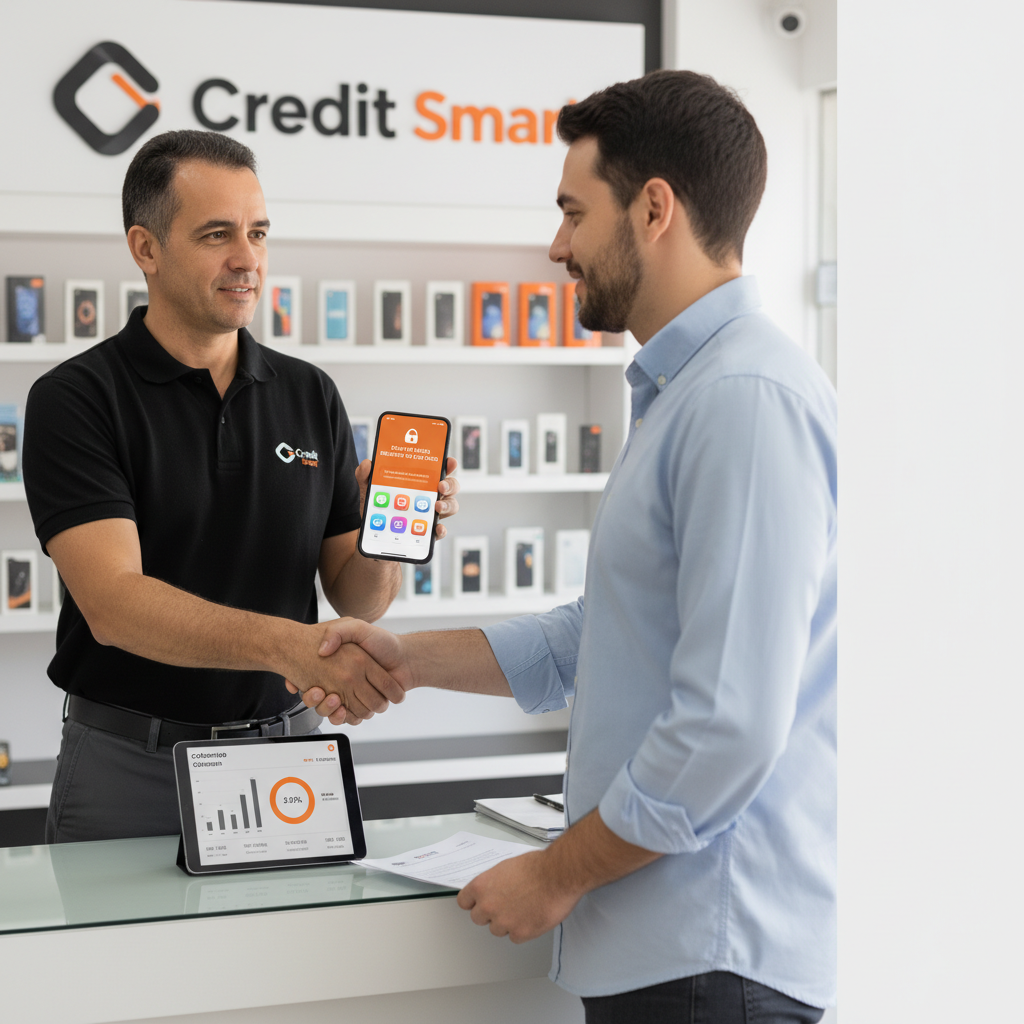 Lojista apresenta as condições do crediário próprio para um cliente em uma loja de smartphones