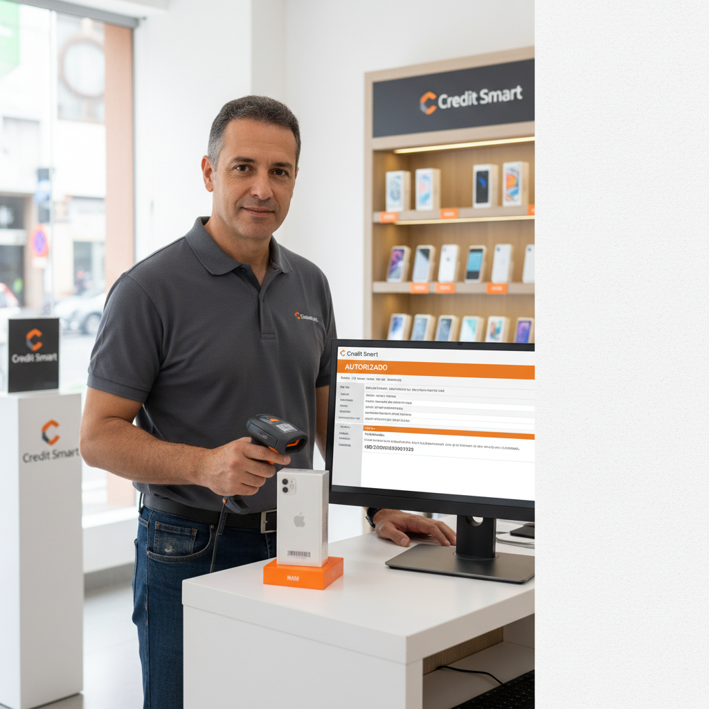 Lojista utilizando leitor de código de barras na caixa de um smartphone para emitir nota fiscal no balcão da loja.