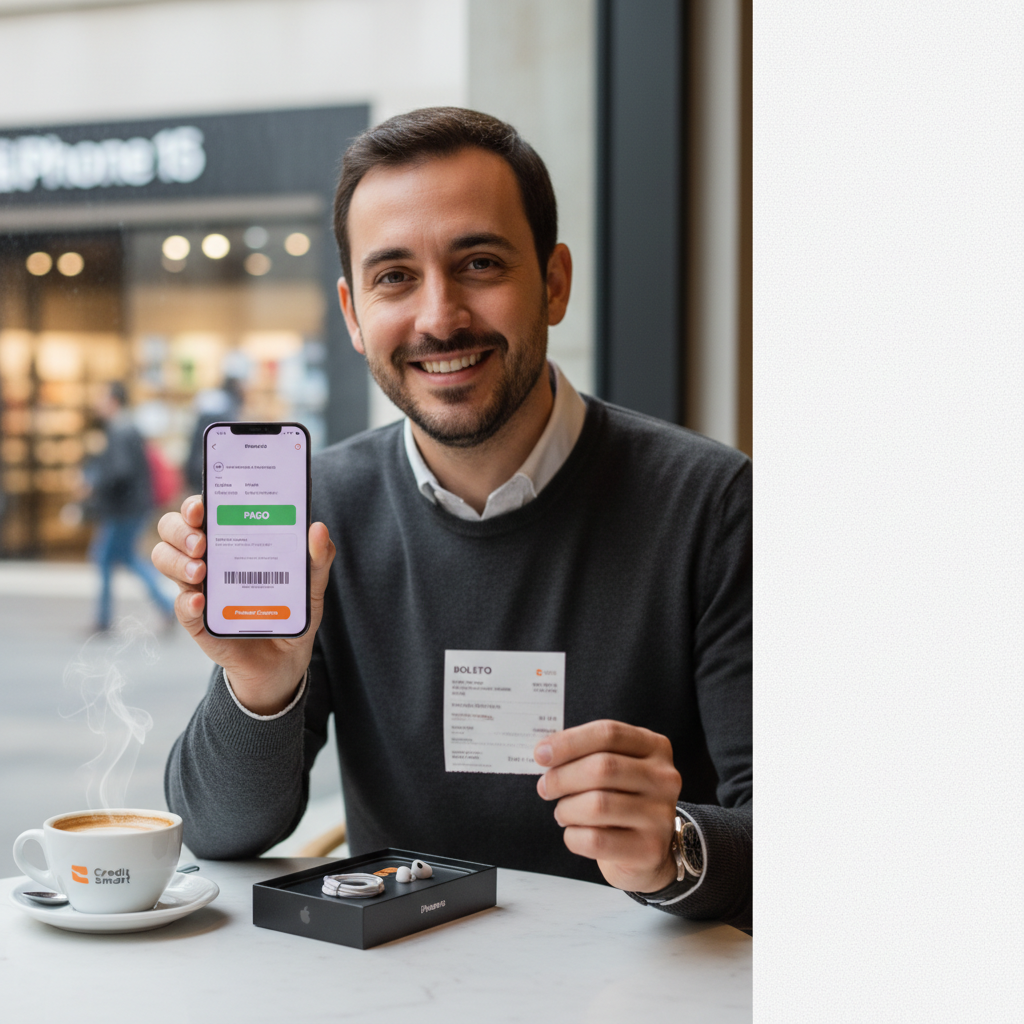 iPhone novo com tela ligada repousando sobre uma mesa de madeira ao lado de um carnê de parcelas