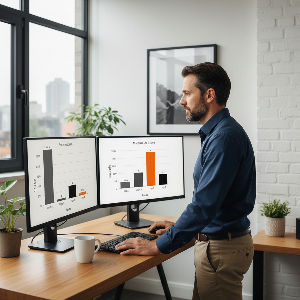 Gestor de varejo analisando gráficos comparativos de desempenho de lojas de celular em um monitor.