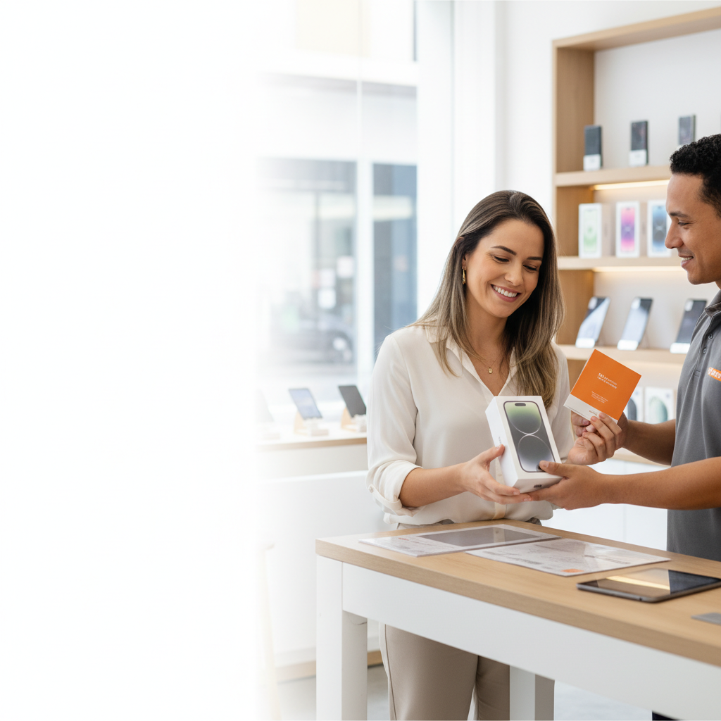 Cliente feliz comprando um iPhone na loja e assinando os papeis do crediário