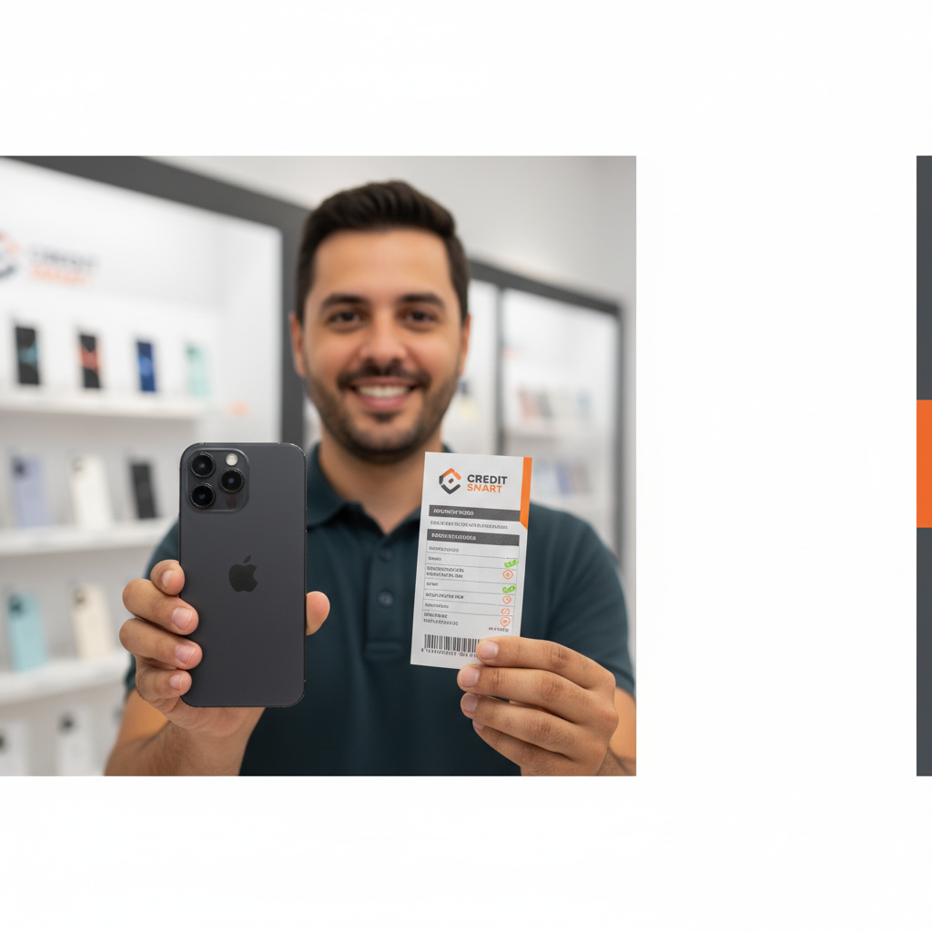 Cliente feliz comprando um iPhone na loja de celulares com carnê de pagamento