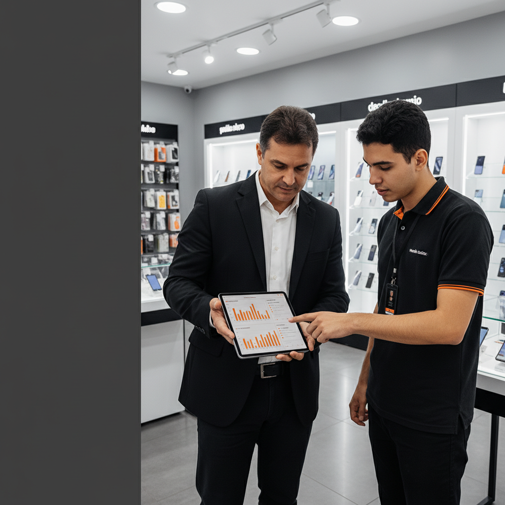 Gerente de loja de celular mostra gráfico de metas em um tablet para o vendedor no salão de vendas.