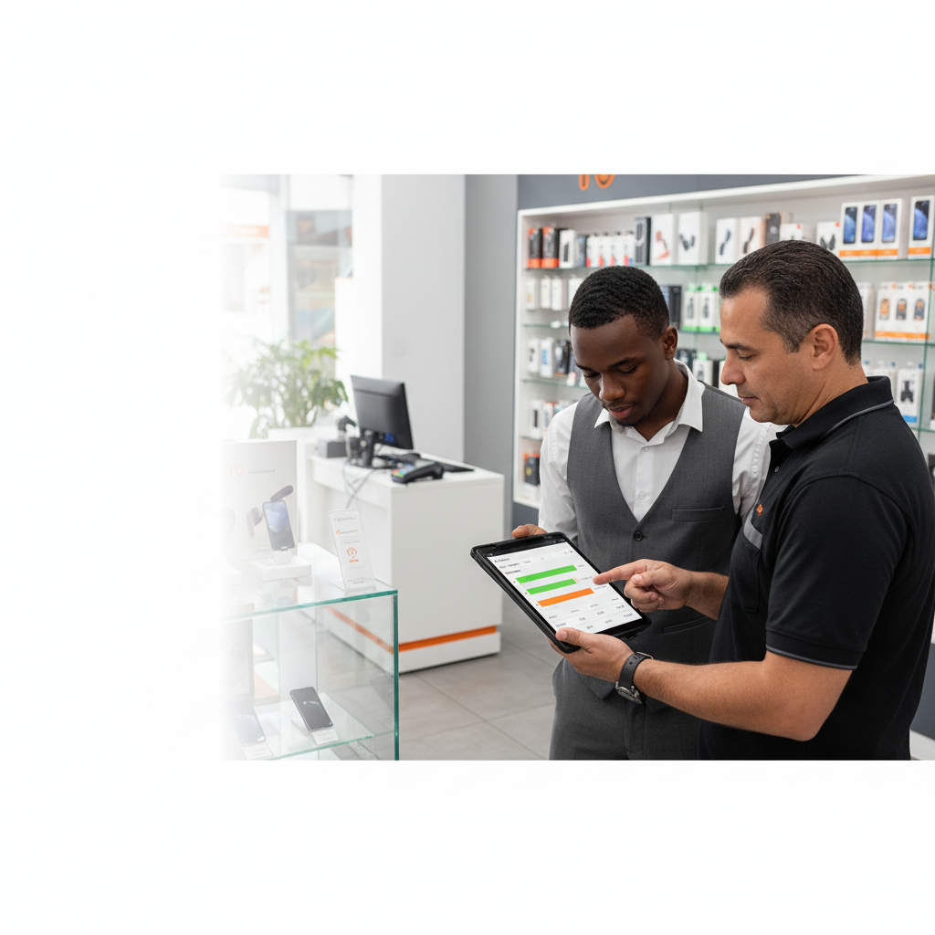 Gerente de loja de celular mostra gráfico de metas em um tablet para o vendedor no salão de vendas.