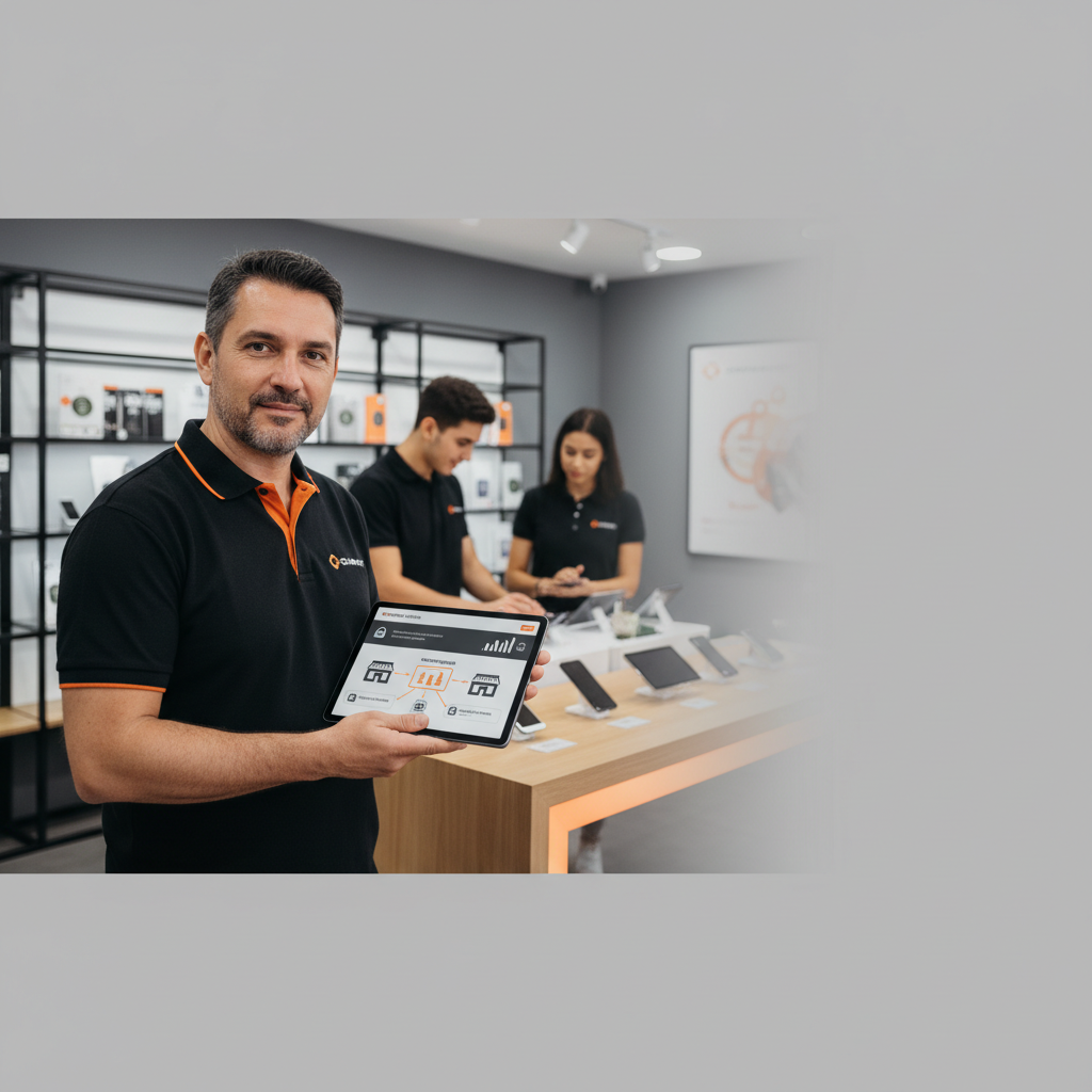 Dono de loja de celular gerencia permissões de acesso em um tablet corporativo