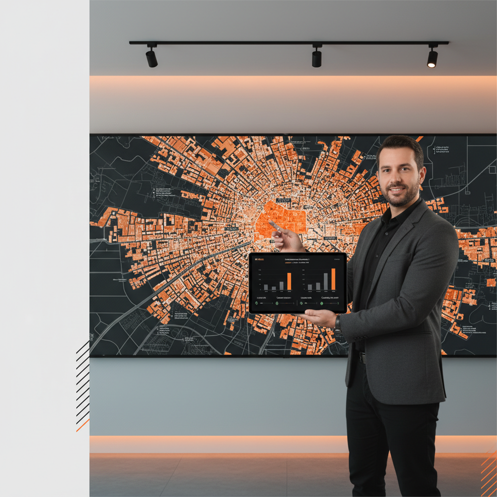 Lojista observa mapa da cidade em monitor para planejar a abertura da segunda loja de celular