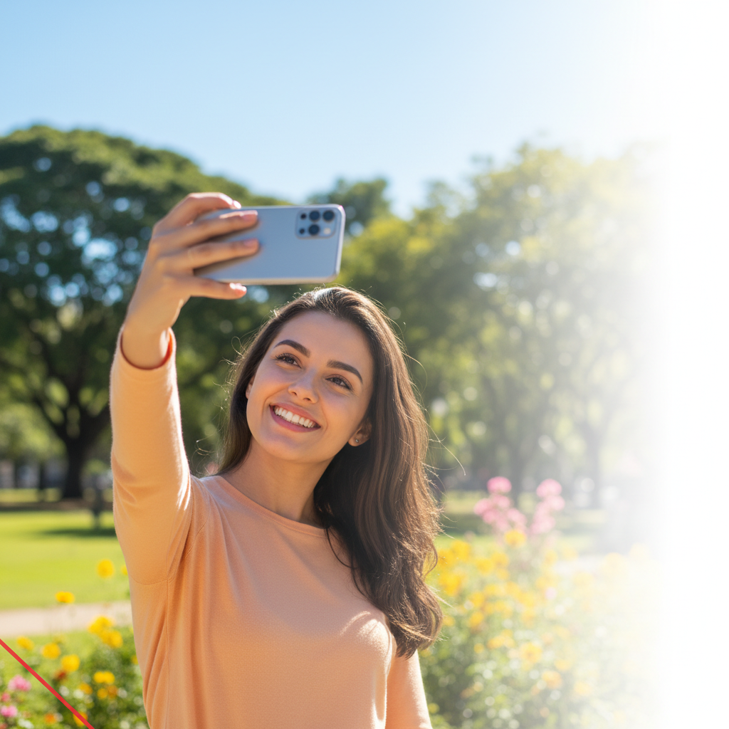 Mulher jovem sorrindo e tirando foto com um smartphone moderno durante o dia.