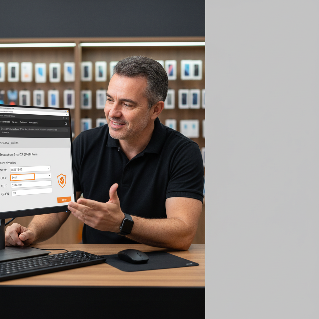 Lojista analisa nota fiscal aprovada no computador do balcão da loja de celulares.