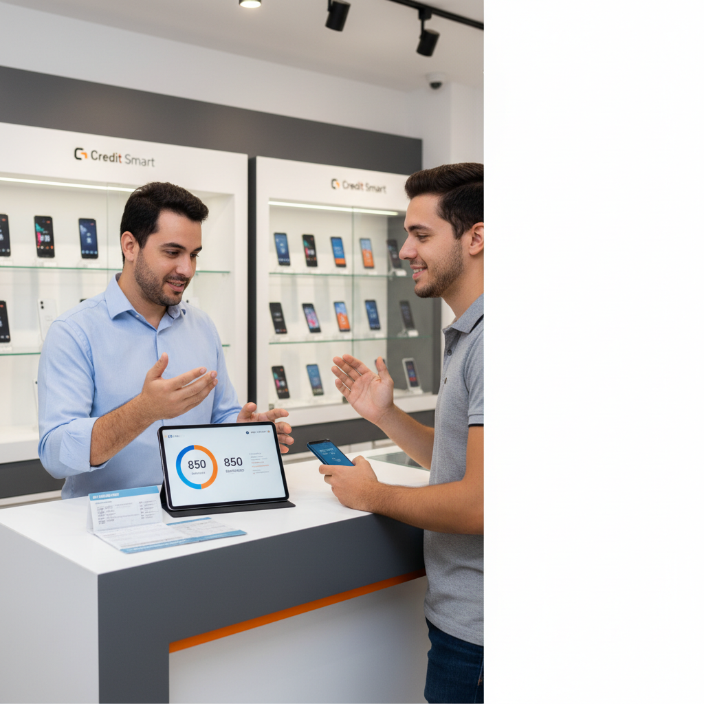 Lojista apresenta as condições do crediário e o valor da entrada para cliente no balcão da loja de celulares