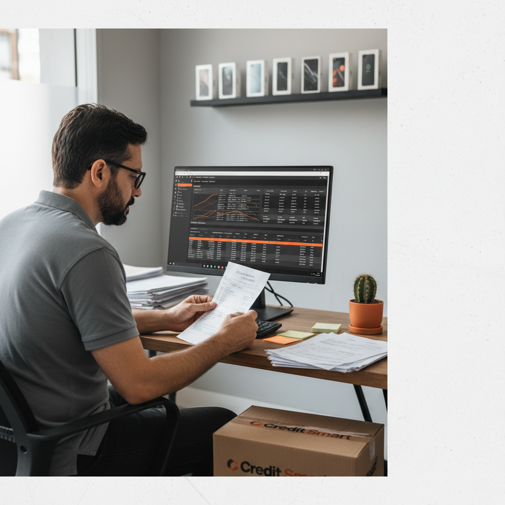 Lojista analisa impostos em uma mesa com notebook e smartphone.