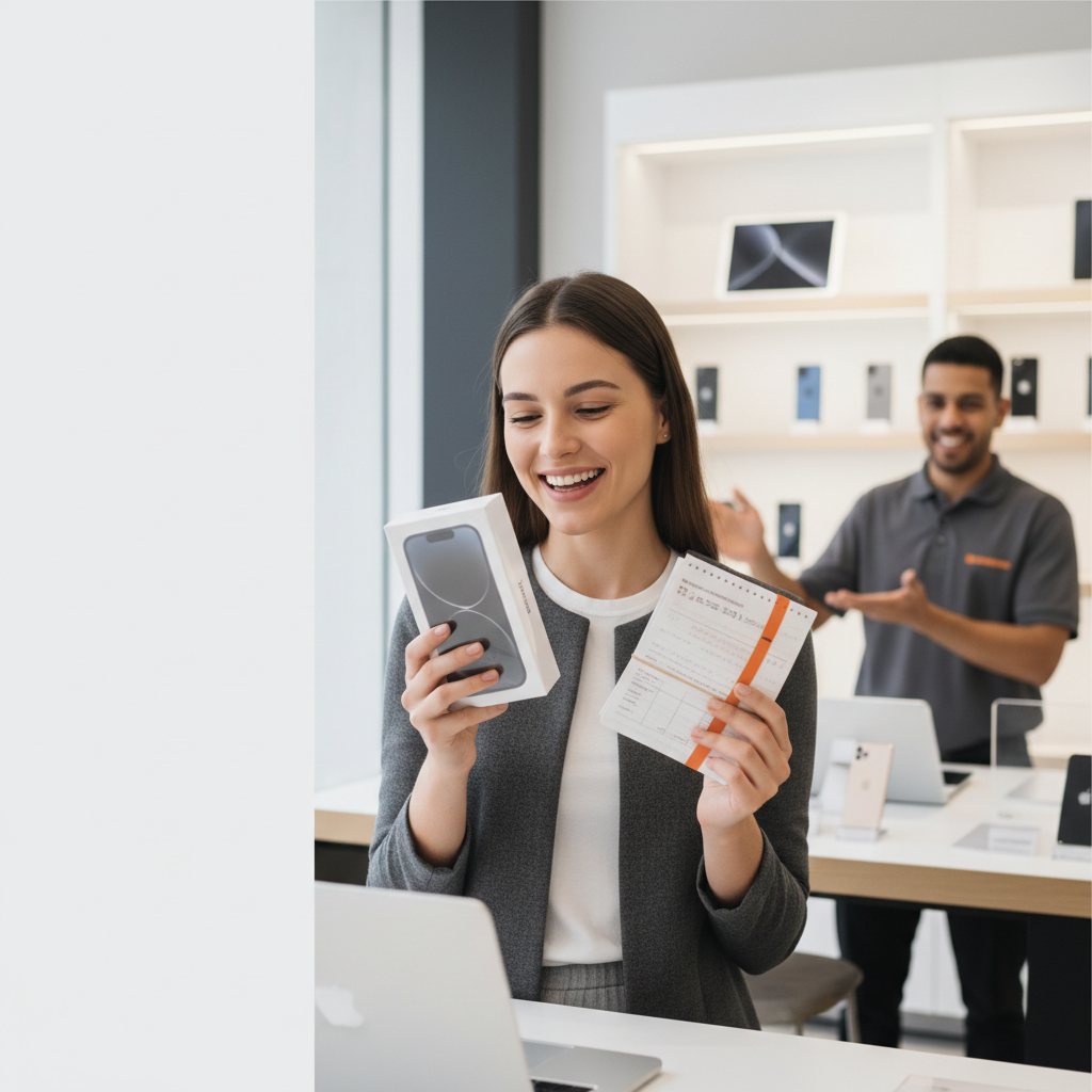 Cliente feliz comprando um iPhone na loja e assinando os papeis do crediário