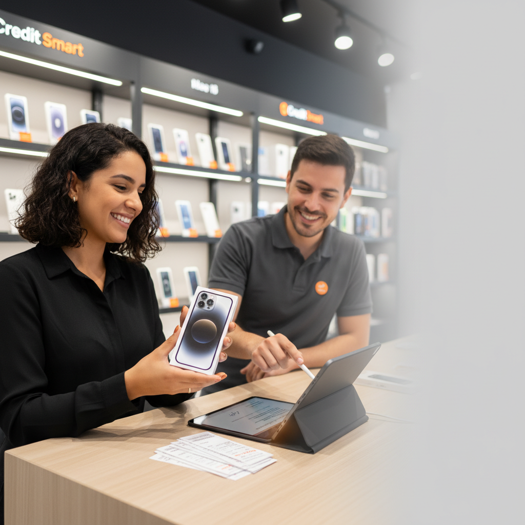 Cliente feliz comprando um iPhone na loja de celulares com carnê de pagamento